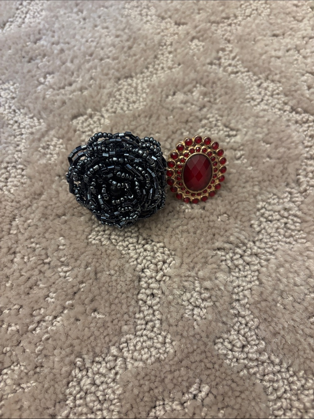 Black Beaded Flower Ring and Red Gem Accent Ring
